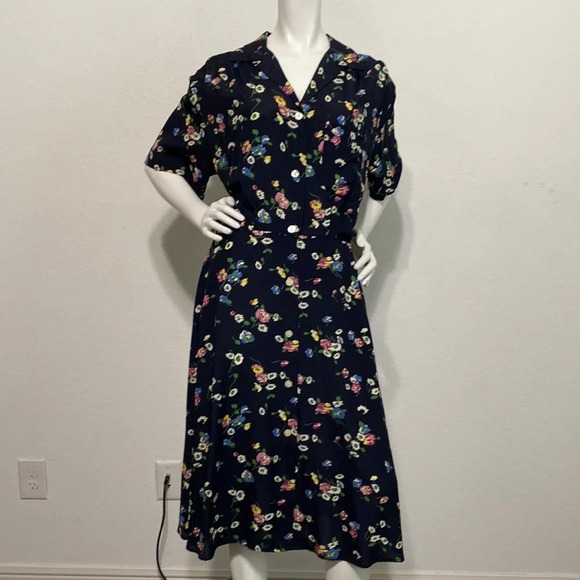 Vintage Banana Republic Navy Blue Floral Button Front Collared Midi Dress Sz 12 - Picture 1 of 6